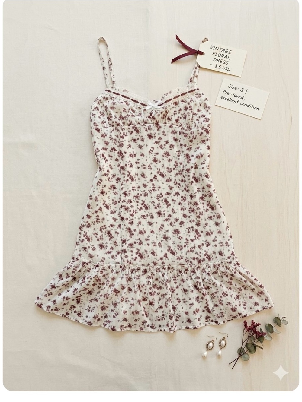 Cream Floral Slip Mini Dress with Mauve Print